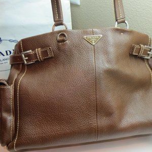 Prada Vitello  Daino S Tobacco Pebble Leather Bag